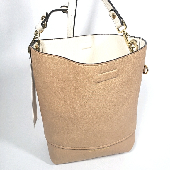 Calvin Klein Reversible Bucket Bag Purse White Tan - Picture 1 of 10
